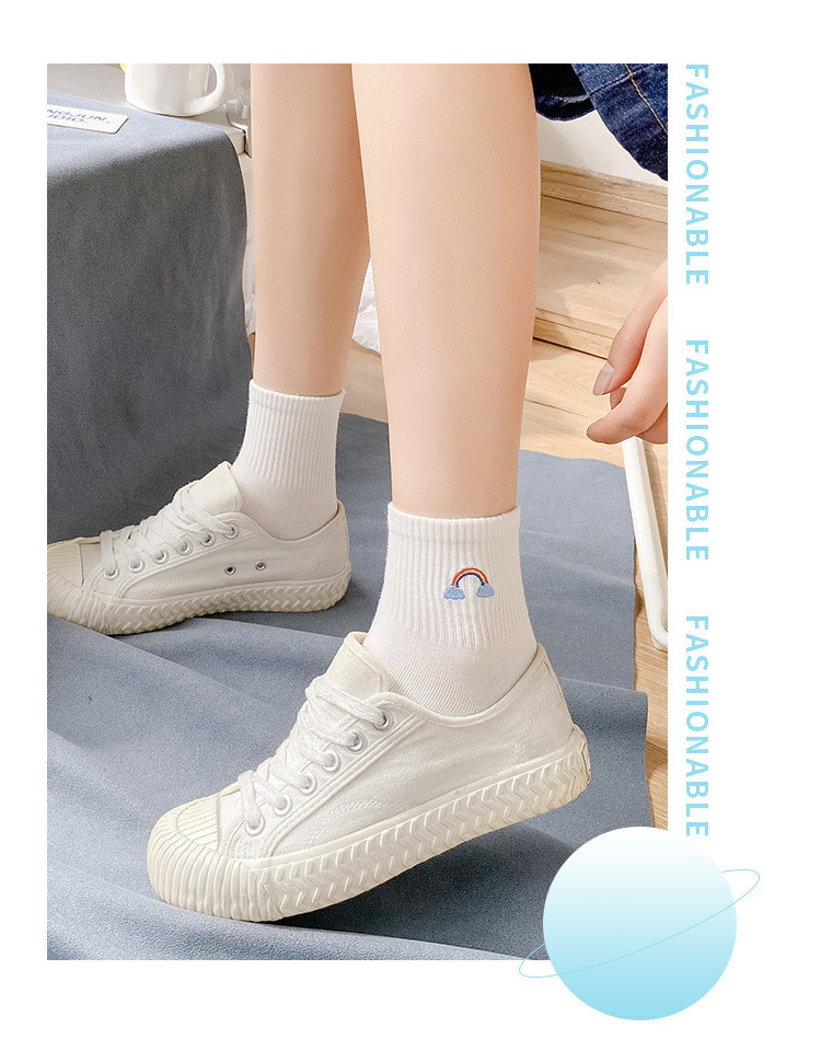 白色袜子女ins潮中筒袜棉秋季薄款彩虹刺绣堆堆袜学生运动袜