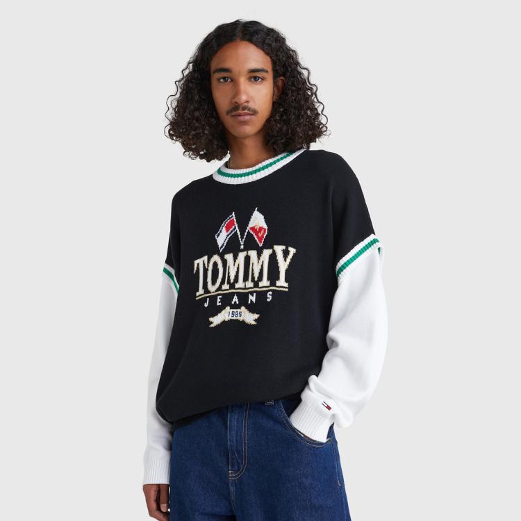 Tommy Hilfiger Tommy Jeans  男装纯棉复古假两件旗帜提花拼色圆领针织衫15156