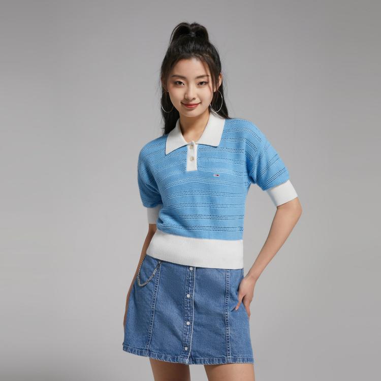 Tommy Hilfiger Tommy Jeans 女复古镂空小绣标短款露腰撞色polo领针织衫15560 In Blue