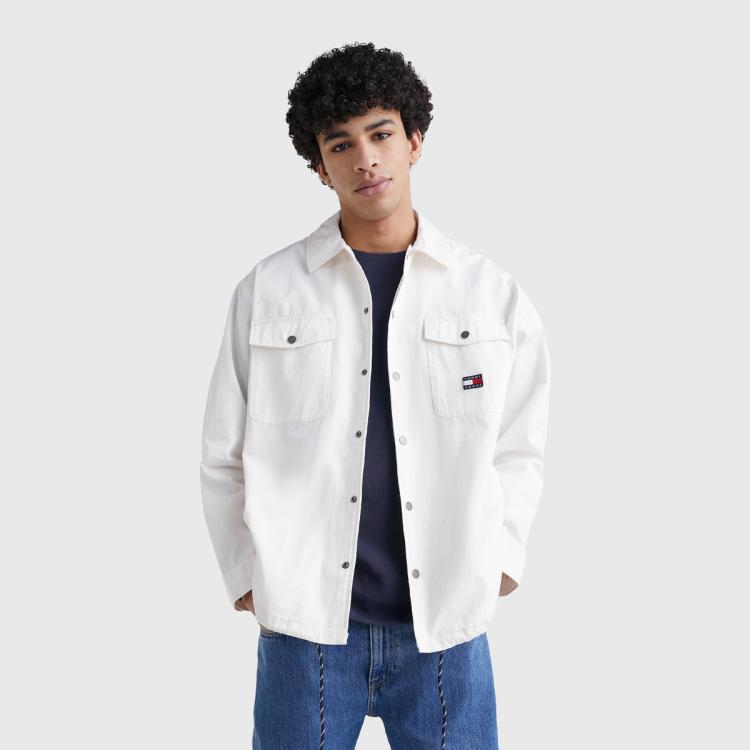 Tommy Hilfiger Tommy Jeans 男女纯棉斜纹印花抽绳翻领宽松衬衫外套16431 In White