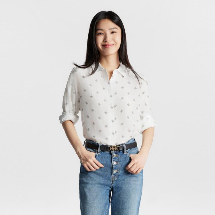 Tommy Hilfiger 女桑蚕丝轻薄柔顺满身提花职场复古宽松衬衫40421 In White