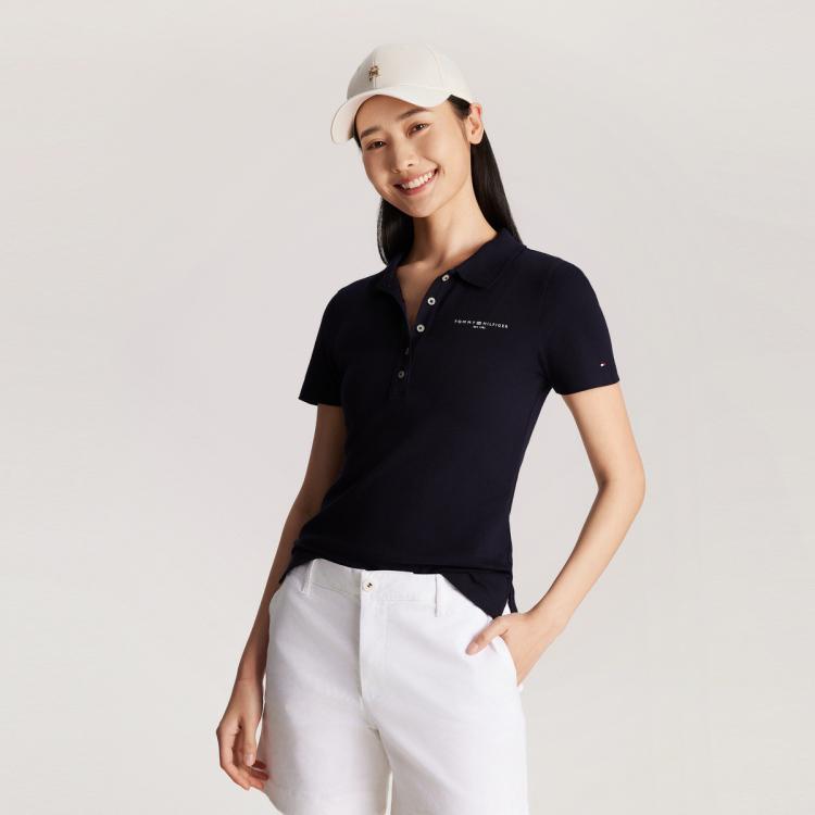 Tommy Hilfiger 【修身微弹】24春夏女字母五粒扣短袖t恤polo41032 In Black