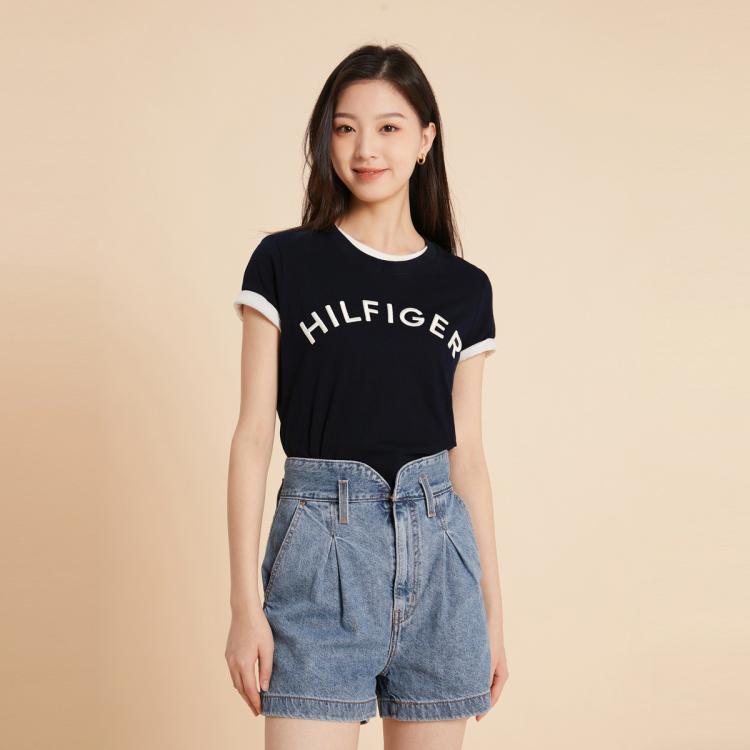 Tommy Hilfiger 女纯棉平纹针织重工刺绣字母短袖上衣t恤37864 In Black