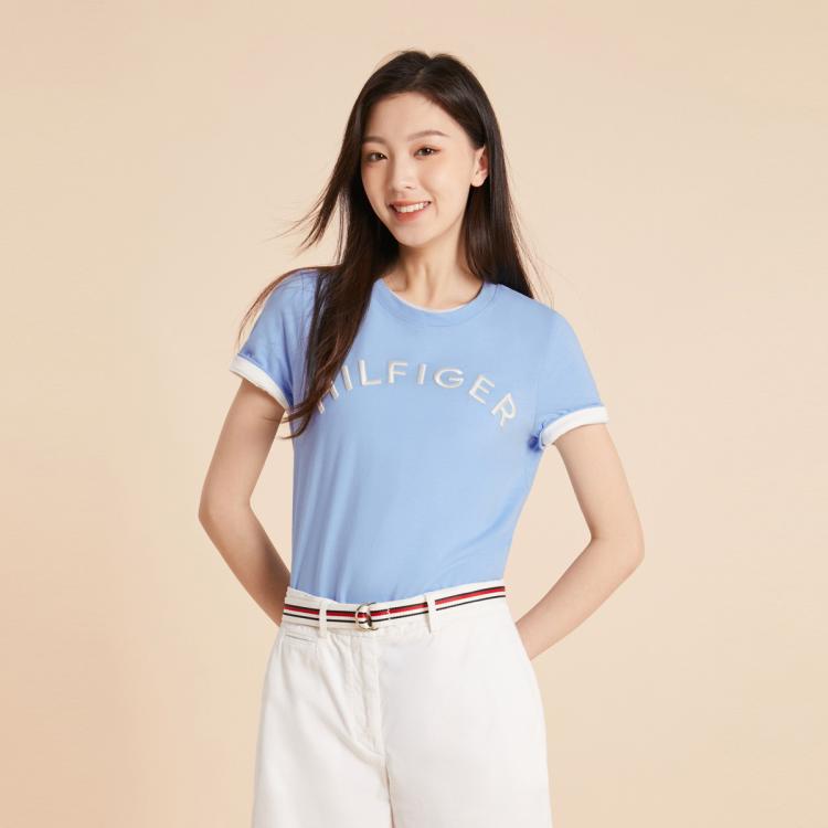 Tommy Hilfiger 女纯棉平纹针织重工刺绣字母短袖上衣t恤37864 In Blue