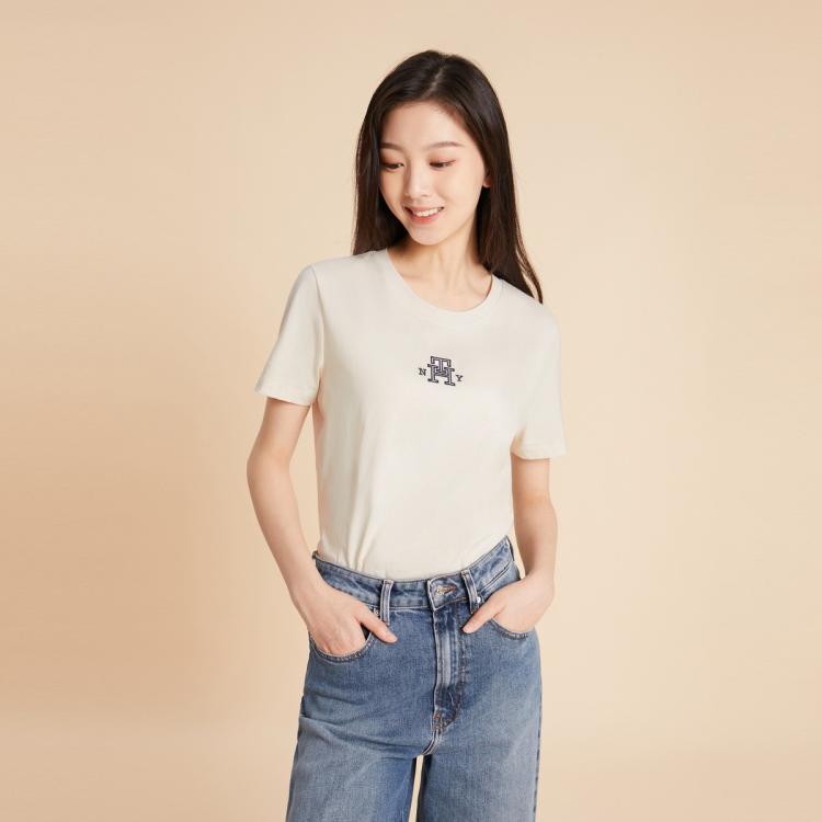 Tommy Hilfiger 女装纯棉简约刺绣合身版纯色打底衫短袖上衣38874 In Gray