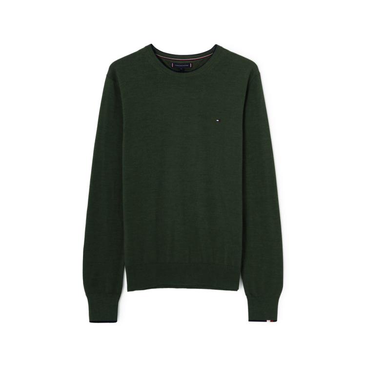 Tommy Hilfiger 男纯羊毛时尚通勤小绣标镶边打底针织毛衣25410 In Green