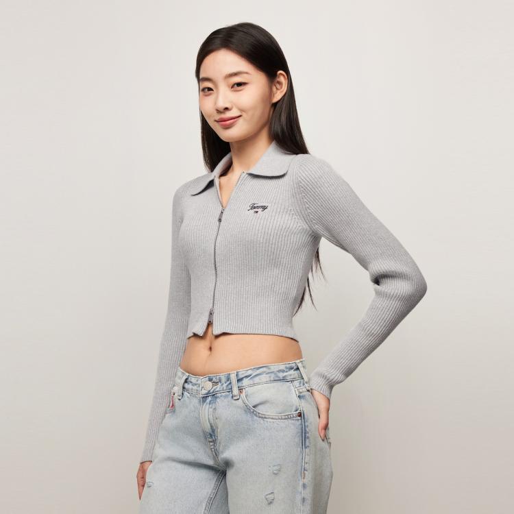 Tommy Hilfiger Tommy Jeans新款秋冬女翻领肌理感长袖针织开衫外套19372 In Gray