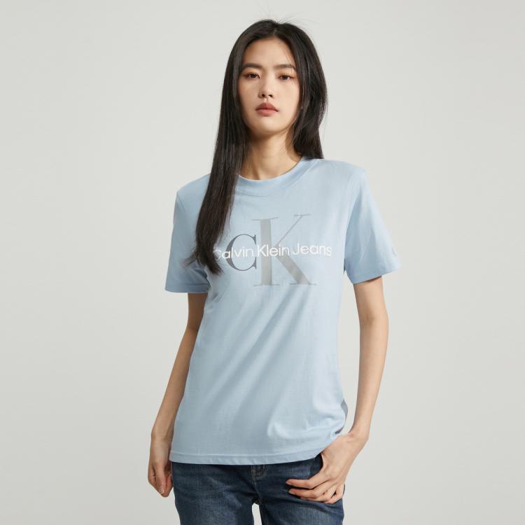 Calvin Klein Ck Jeans春季女士时尚字母叠印纯棉圆领透气短袖t恤zw02128 In Blue
