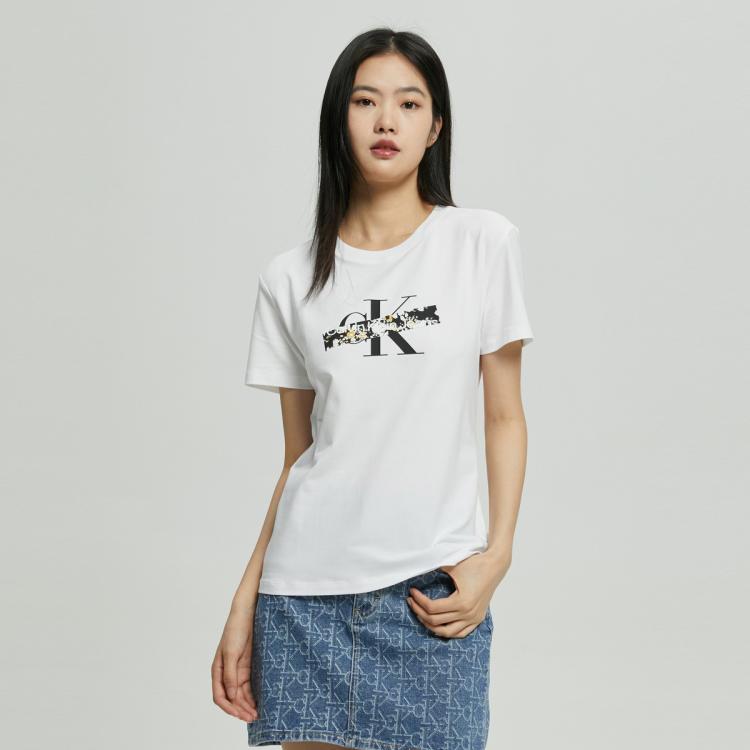 Calvin Klein Ck Jeans夏季女士休闲圆领时尚印花微弹透气修身短袖t恤j220168 In White