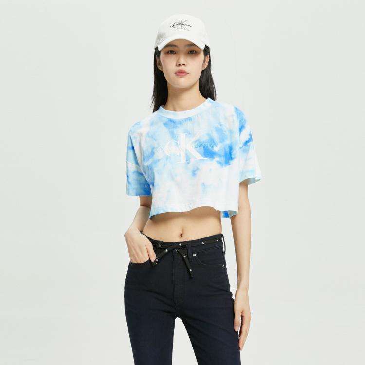 CK Jeans夏季女士时尚圆领短款扎染印花纯棉透气短袖T恤J219662