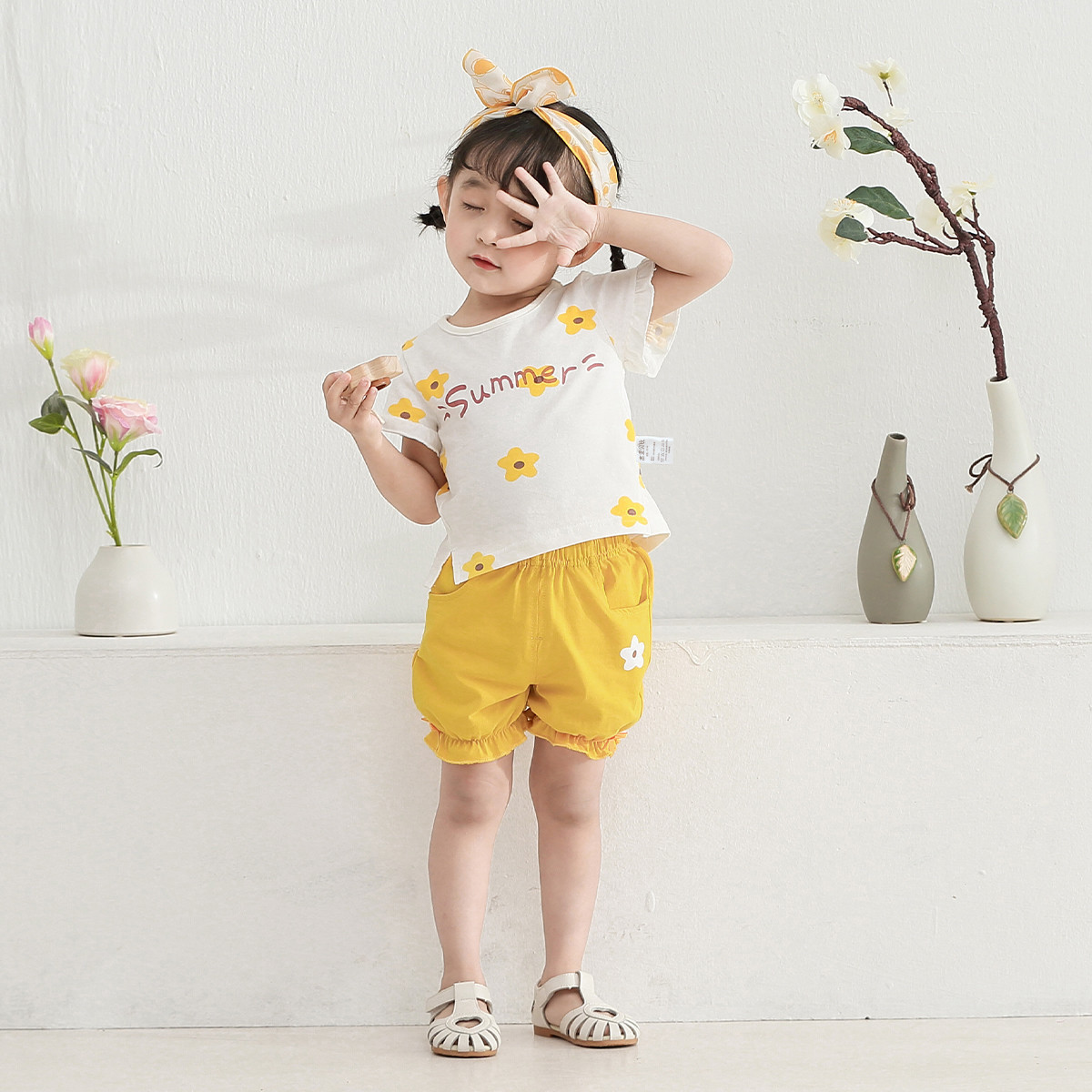 【甜美花花】夏季女童短袖T恤上衣宝宝短裤娃娃衫两件套