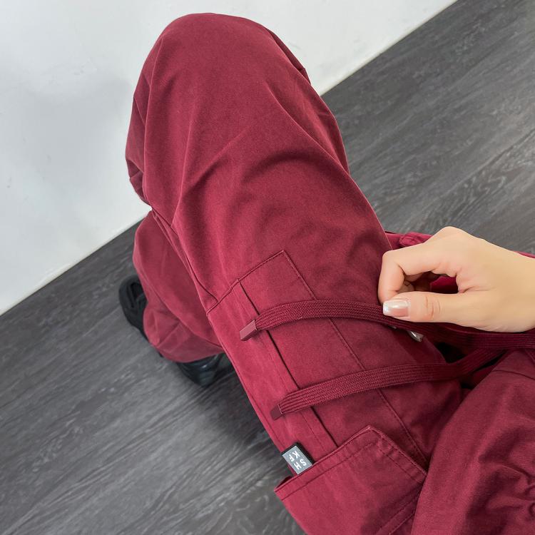 町缇 【纯棉工装裤】美式复古运动裤女春秋高腰百搭抽绳束脚两穿休闲裤