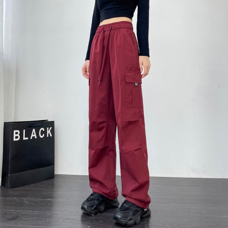 町缇 【纯棉工装裤】美式复古运动裤女春秋高腰百搭抽绳束脚两穿休闲裤