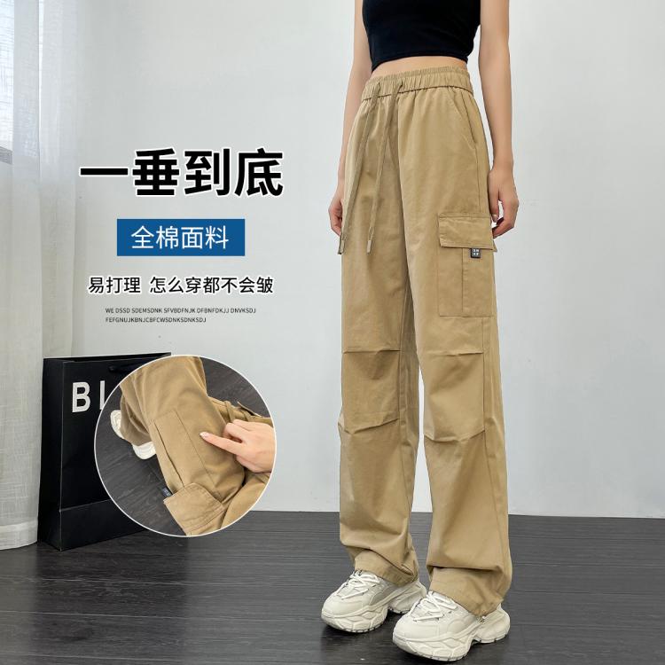 町缇 【纯棉工装裤】美式复古运动裤女春秋高腰百搭抽绳束脚两穿休闲裤