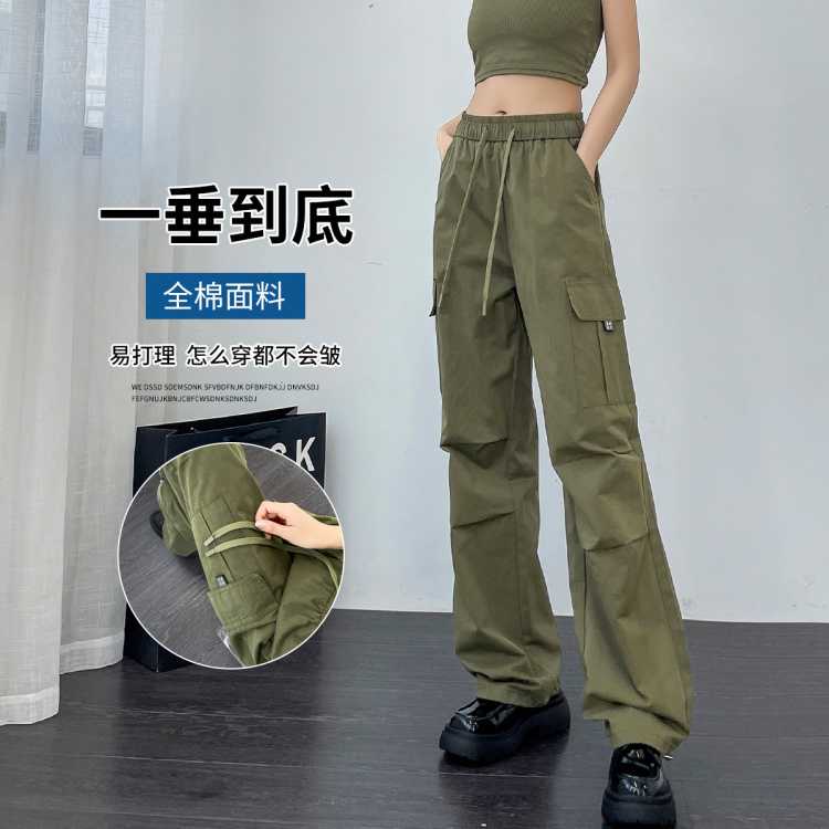 町缇 【纯棉工装裤】美式复古运动裤女春秋高腰百搭抽绳束脚两穿休闲裤