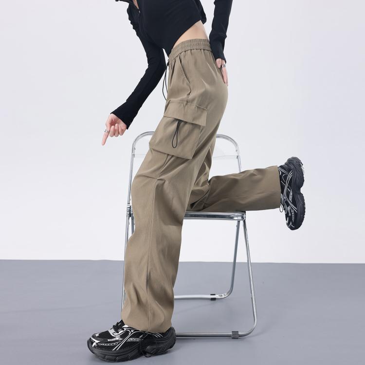 町缇 【多裤长】美式窄版工装裤女款春秋高腰抽绳两穿可束脚直筒运动裤