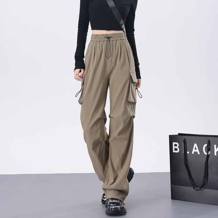 町缇 【多裤长】美式窄版工装裤女款春秋高腰抽绳两穿可束脚直筒运动裤