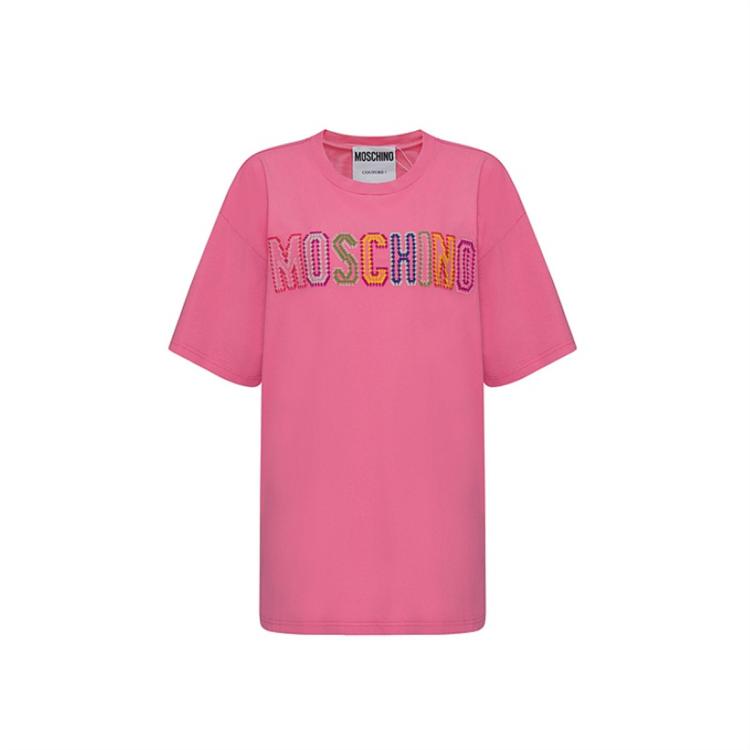 Moschino 女士钩编刺绣徽标棉质平纹针织t恤 In Pink