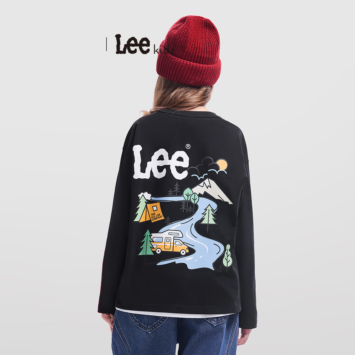 LEE 男女中大童长袖T恤春秋装户外露营儿童上衣纯棉学生内搭外穿长T
