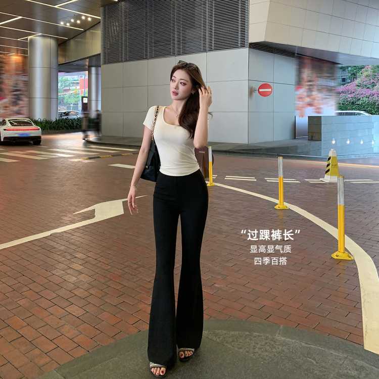 岛歌夫人 黑色高腰微喇裤修身显瘦女夏季气质休闲垂感长裤