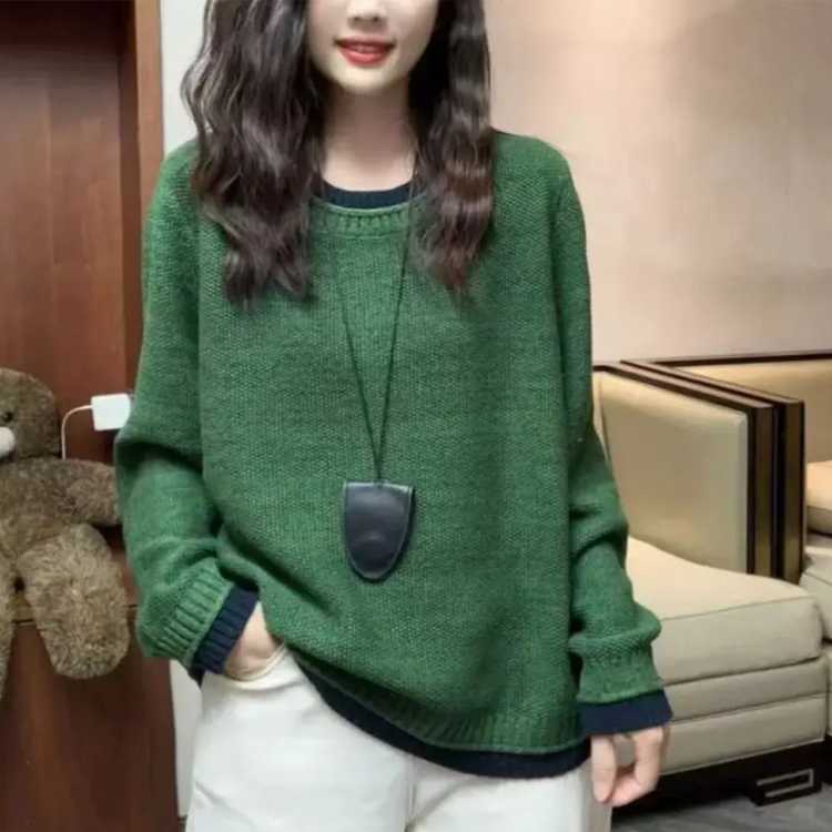 LIREN VILLAGE 设计感撞色毛衣女春秋新款2026慵懒风软糯宽松显瘦针织衫上衣