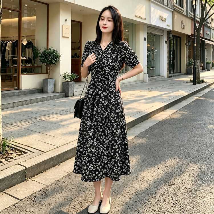 子容 初秋连衣裙女气质高级感减龄v领碎花裙时尚休闲收腰显瘦a字裙子