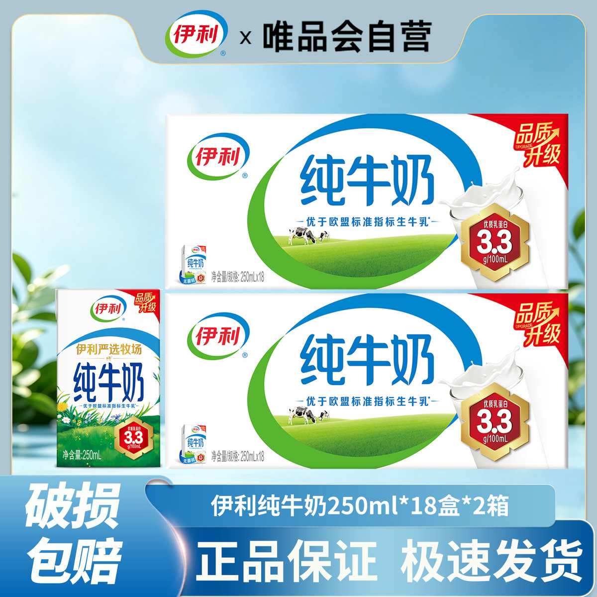 伊利yili 【2箱】纯牛奶250ml*18盒/箱整箱营养早餐学生儿童牛奶