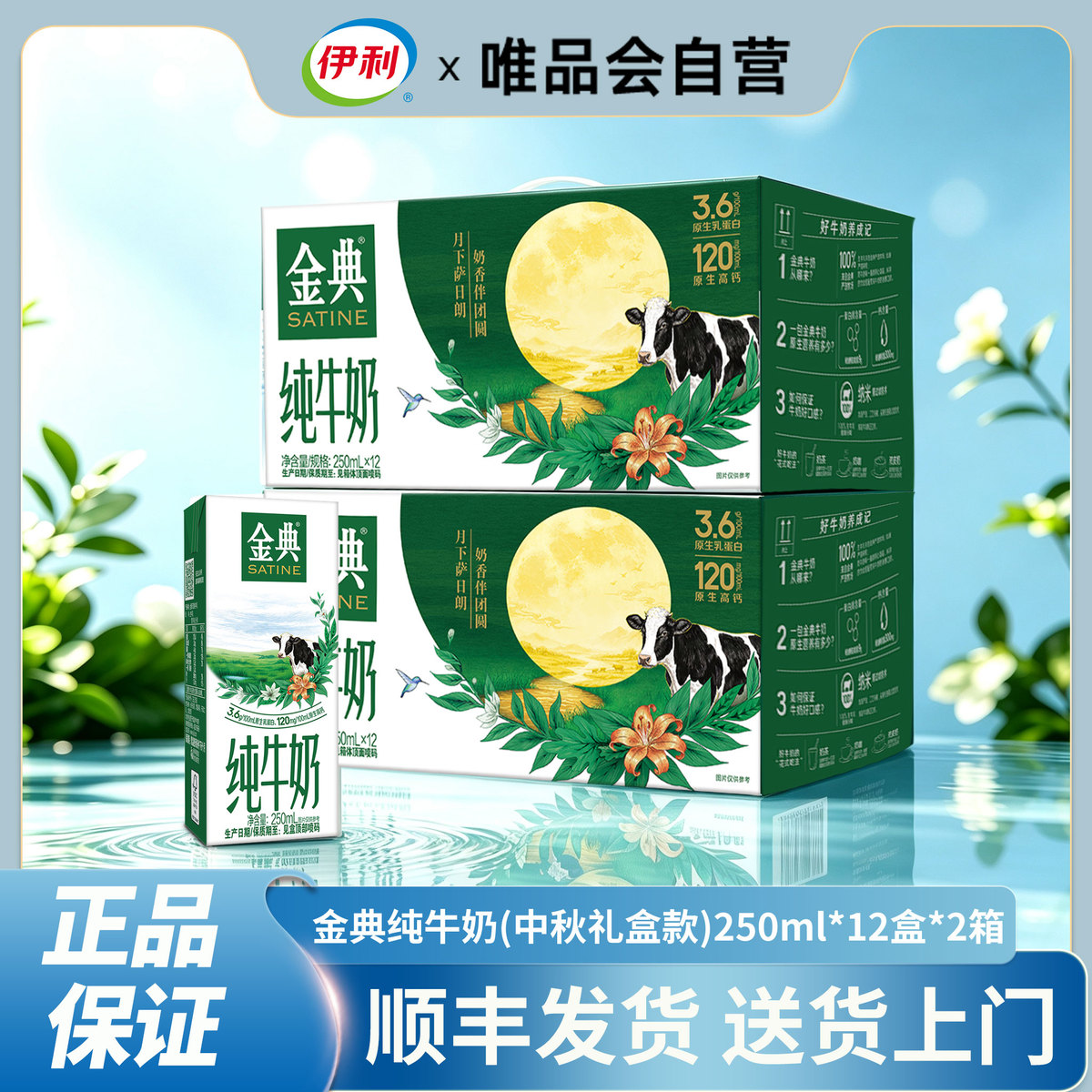 伊利yili 【中秋礼盒】2箱金典纯牛奶250ml*12盒早餐营养牛奶
