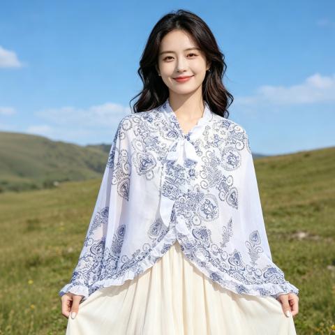 诺米美物 春夏气质出行百搭印花披肩高级感出行外搭遮阳防风斗篷护肩护颈 图片 2
