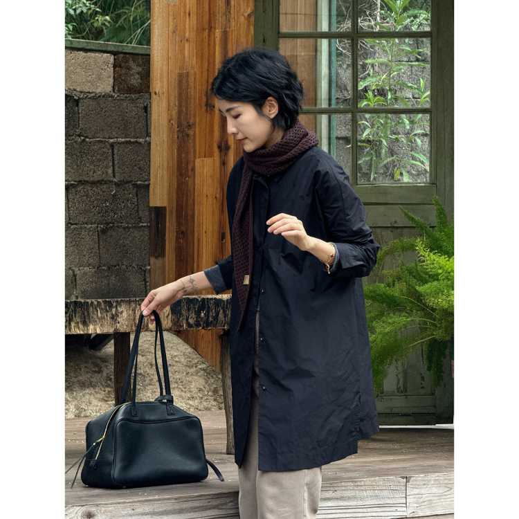 LANGQING TONG 黑色宽松中长款风衣外套女2026新款春装小个子休闲翻领上衣