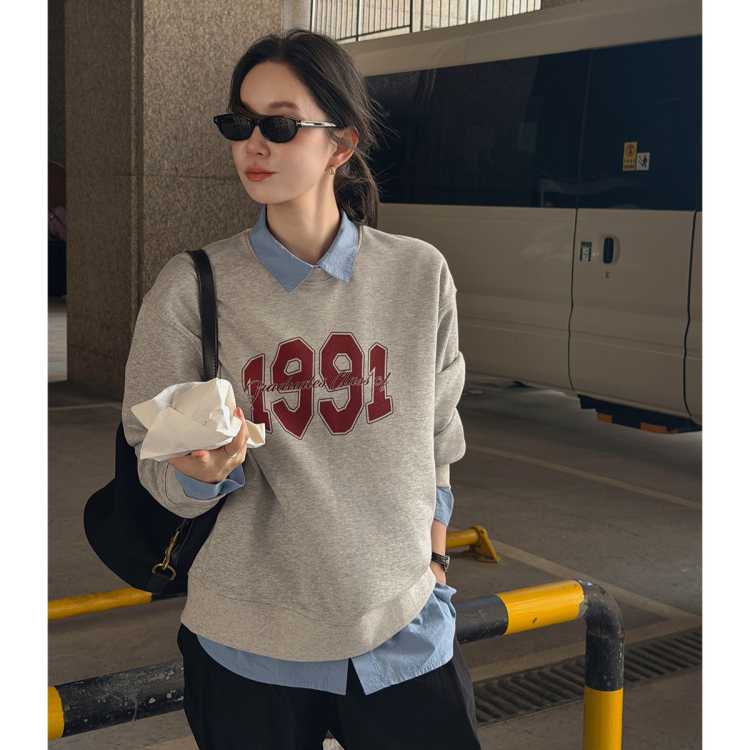 莉贝琳 卫衣2026年秋季新款女美式复古印花灰色百搭宽松落肩上衣