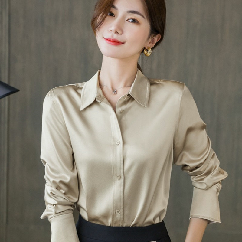 悦戎 35姆米重磅真丝桑蚕丝素绉缎衬衫女春秋长袖缎面衬衣时尚上衣