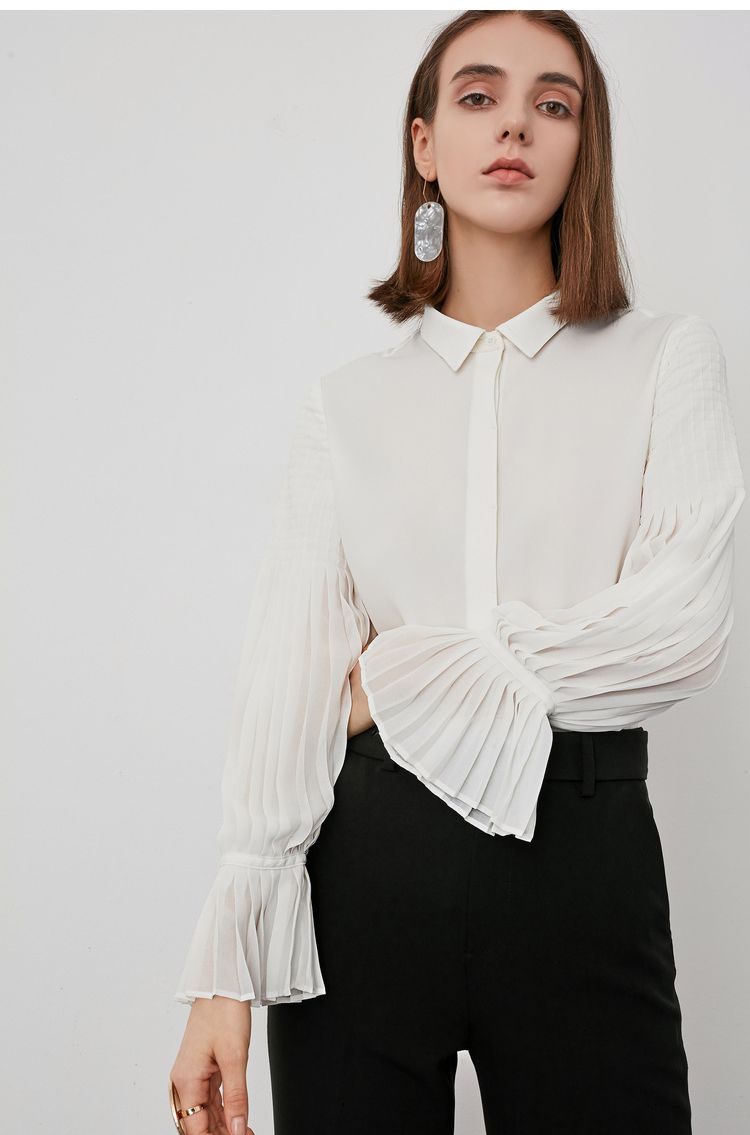 丽丽时尚通勤压褶造型袖纯白色直筒衬衫118339c4929601_唯品会