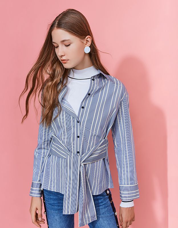 女装ol全棉蓝白条纹衬衫系腰女款衬衫