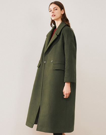 可可尼女装时尚优雅翻领刺绣长款羊毛呢大衣外套