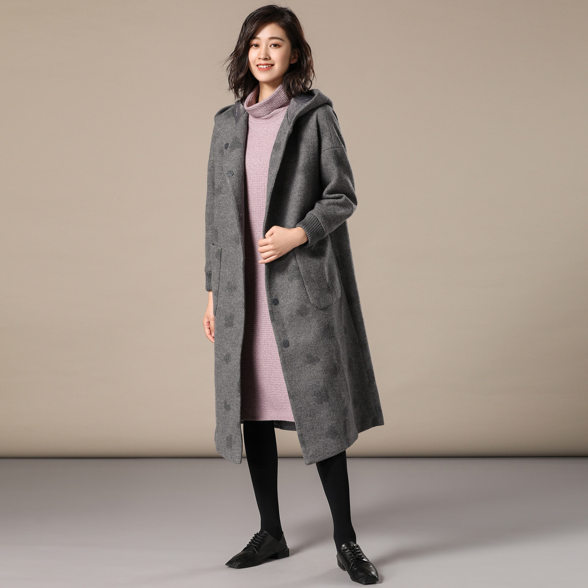 pukka蒲牌羊毛小云朵提花带帽设计大口袋暗扣中长款女式大衣