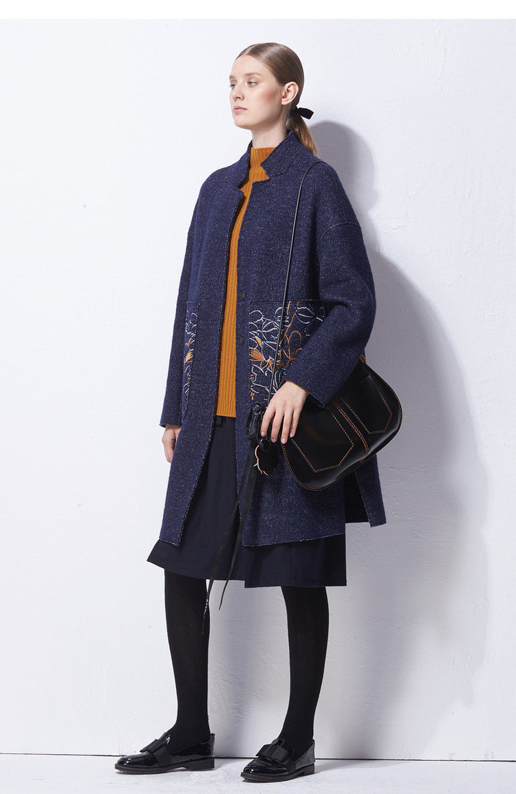 大码女装羊毛口袋绣花立领长袖女式大衣 适用季节: 冬 款式: 开衫