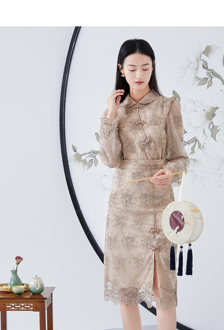 【2021冬季新款】国风元宝领斜门襟手工金丝盘扣旗袍式衬衫女