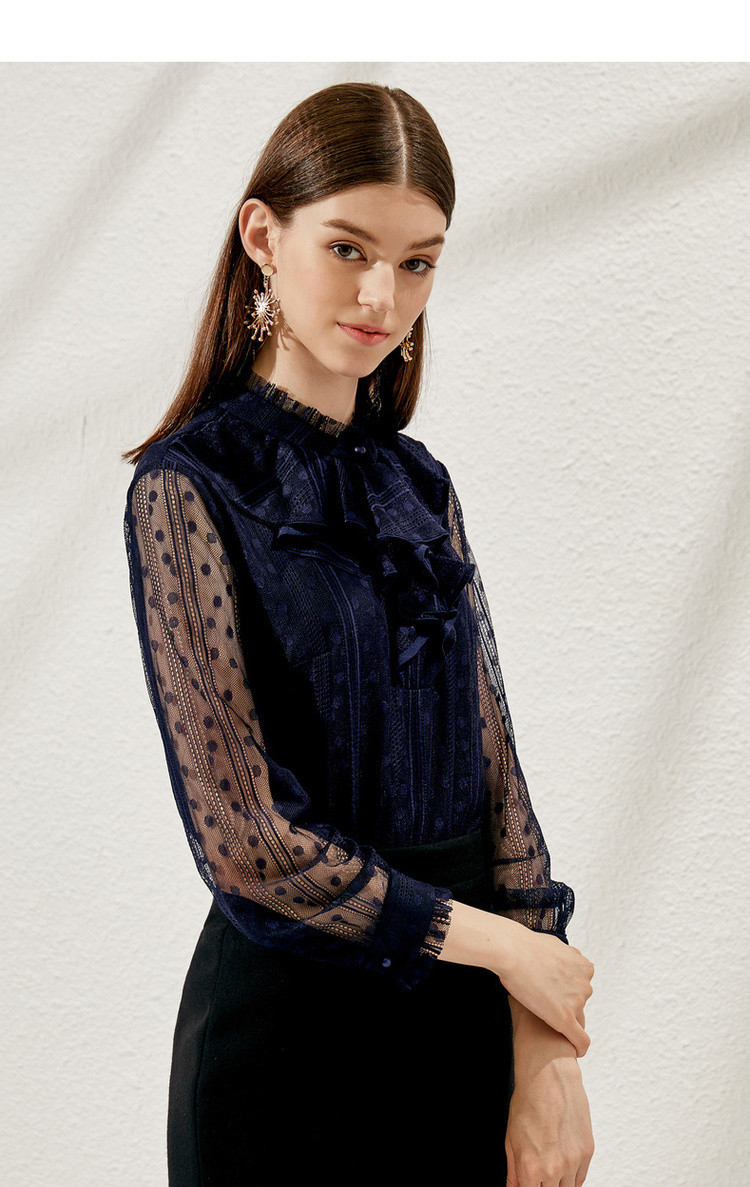 koradior/珂莱蒂尔春夏新款修身百搭蕾丝衫长袖上衣