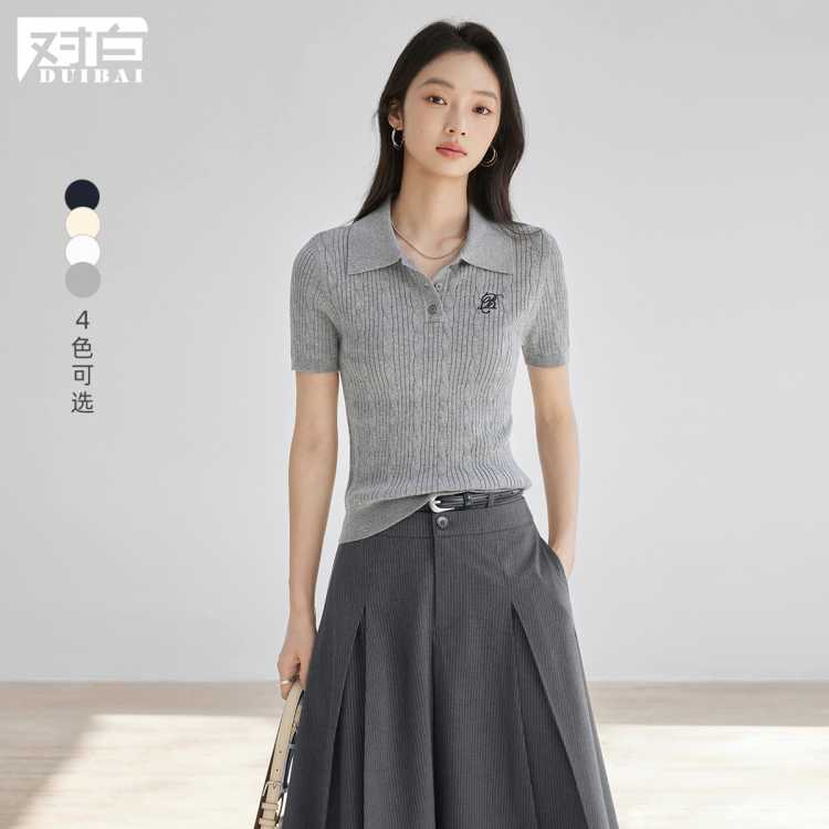 对白 POLO领刺绣短袖针织衫女2026夏装气质修身显瘦T恤上衣