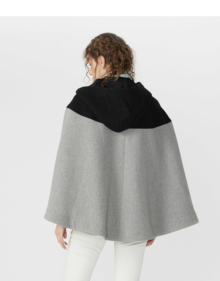 冬新品质感刺绣撞色拼接连帽毛呢斗篷外套女