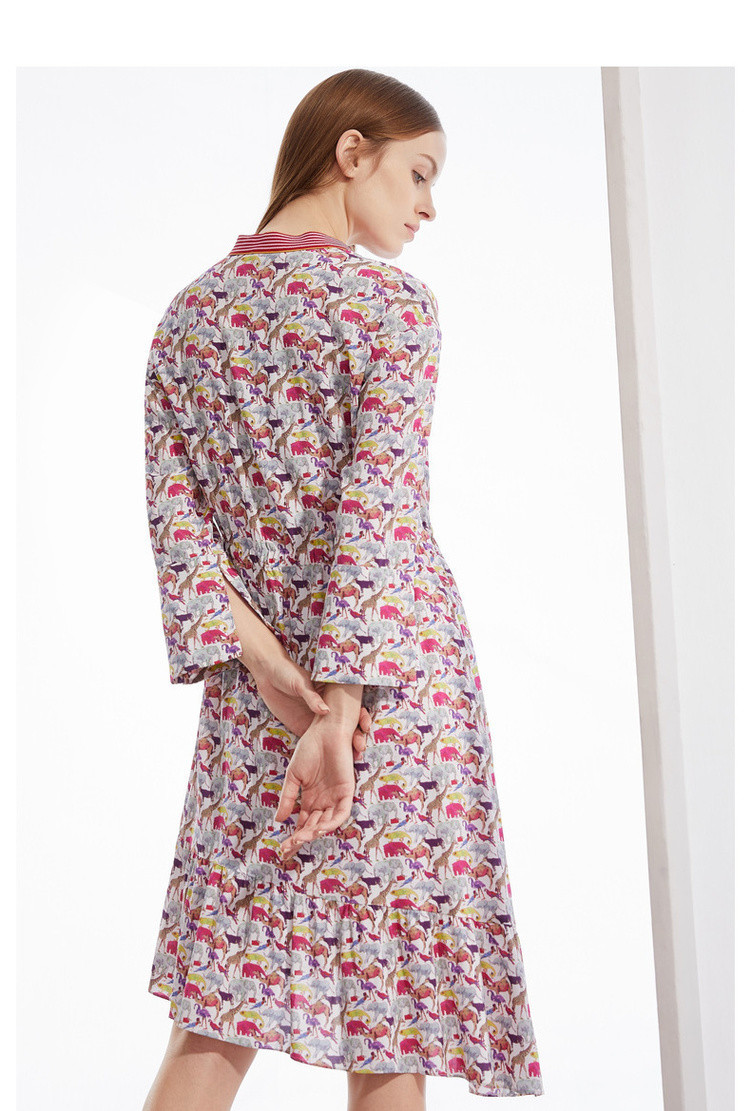 朗姿高端线俪雅春秋桑蚕丝真丝不规则下摆拼接印花连衣裙女