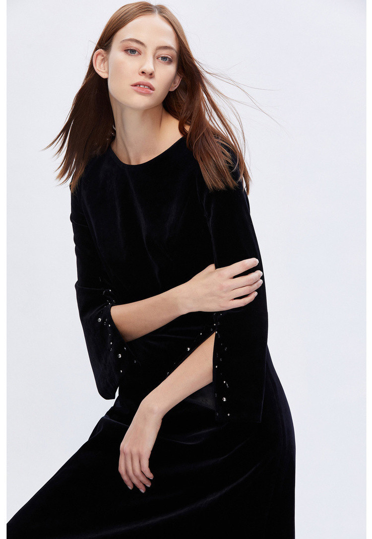 朗姿高端线俪雅简约收腰连衣裙中长款连衣裙