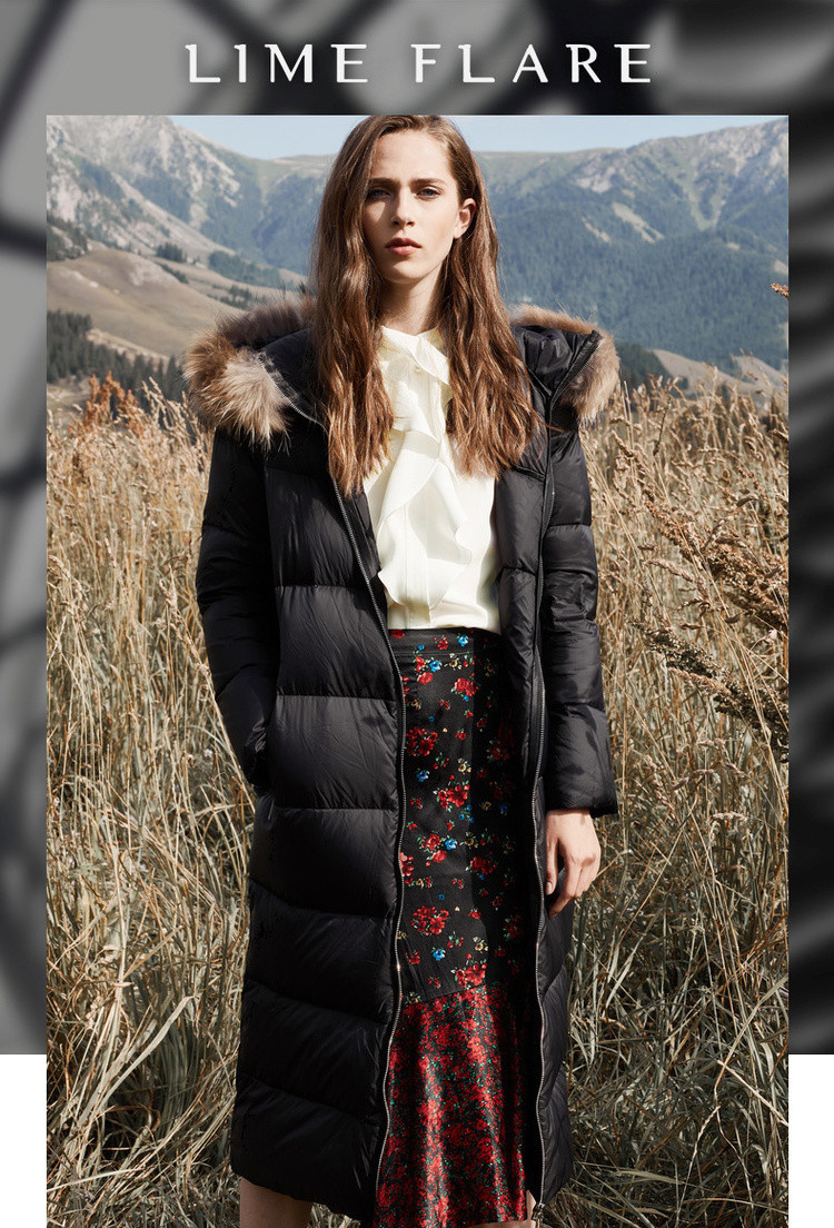 莱茵女装-限时闪降专场 莱茵 纯色简约连帽保暖大毛领长款过膝羽绒服