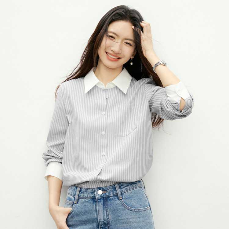 红袖 周也代言红袖2026春季女装条纹撞色拼接单排扣正肩翻领衬衫