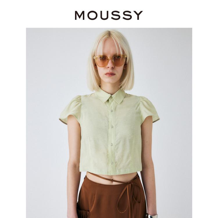 Moussy 秋季新款甜美风飞飞袖短款短袖衬衫女010gsa30-2210 In Green