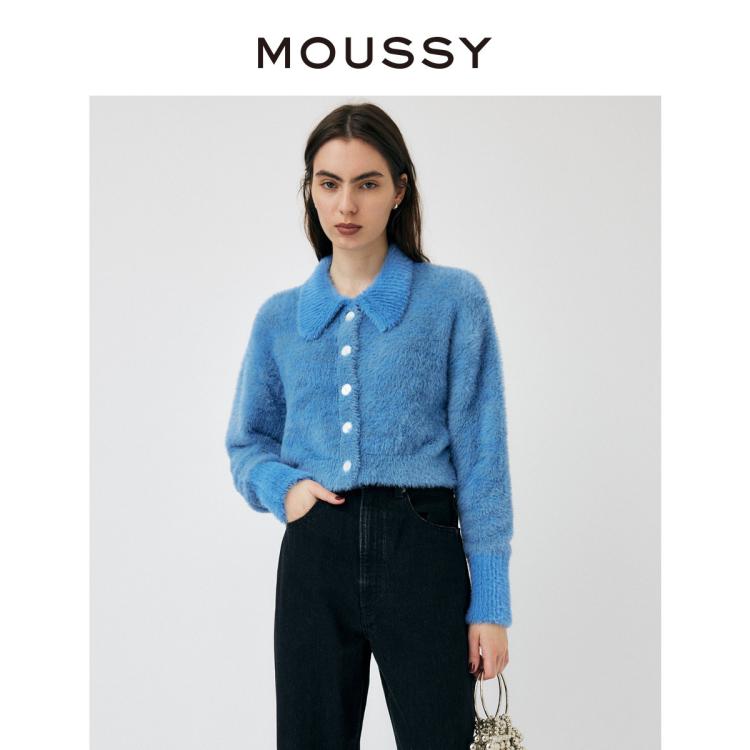 Moussy 秋季甜美学院风短款毛绒针织开衫女028ga970-5060 In Blue