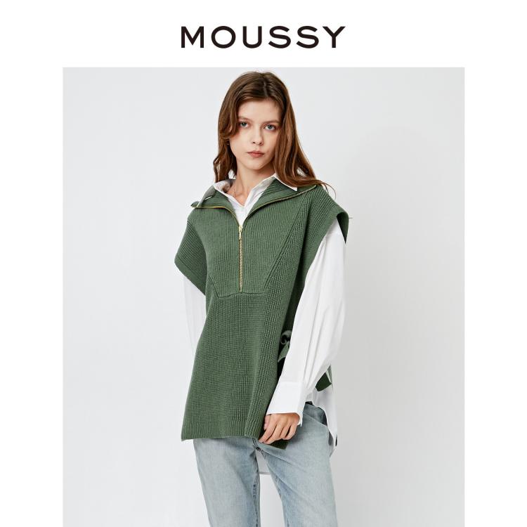 Moussy 秋季纯色翻领绑带套头无袖针织衫女010faw70-6640 In Green