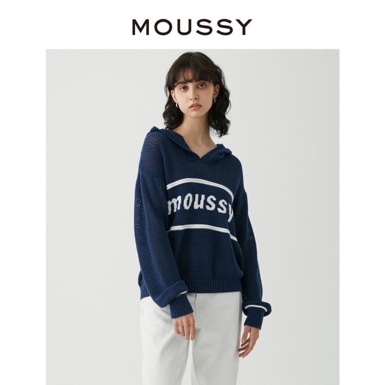 Moussy 秋季logo海军风网眼套头针织衫028gaz70-5290 In Blue