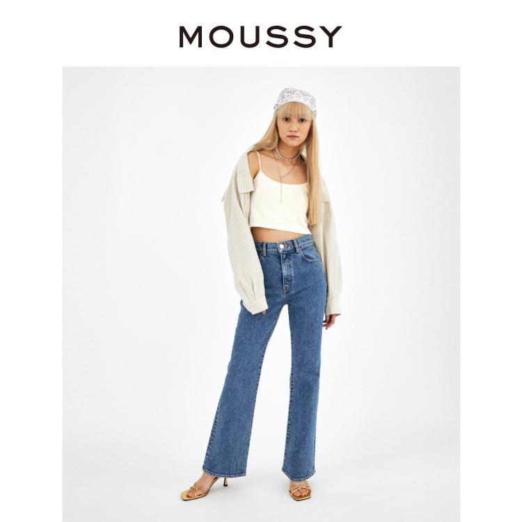 Moussy 秋季高腰水洗复古做旧微喇牛仔裤女010faa12-1370 In Blue